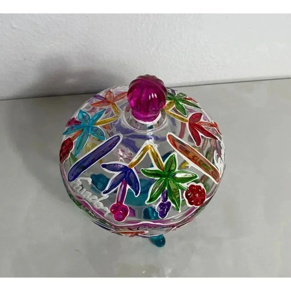 Ompass Hand Painted Art Clear Glass Jar with Lid Embossed Footed Multicolor - Picture 5 of 9